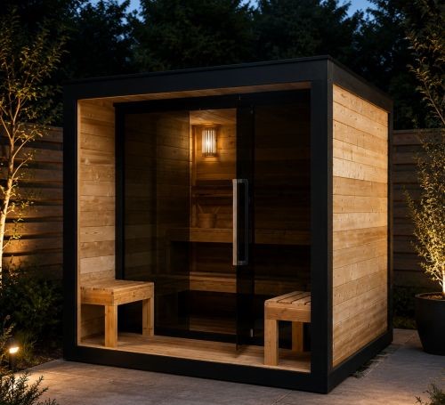 Sauna Finlandese da Esterno NORA L 4-5 Persone - Abete Termico - Telaio Alluminio Nero - Stufa 8kW - immagine 3