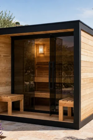 Sauna Finlandese da Esterno NORA L 4-5 Persone - Abete Termico - Telaio Alluminio Nero - Stufa 8kW
